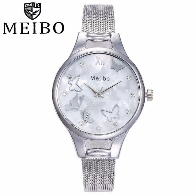 Fashion Women Butterfly Pattern Quartz Watches Casual Ladies Female Stainless Steel MEIBO Watches Clock Relogio Feminino