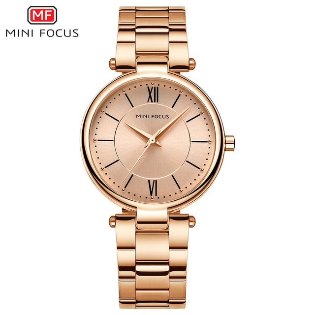 MINI FOCUS Stainless Steel Strap Watches for Women Waterproof Luxury Dress Quartz Wrist Watch Woman Lady Coffee Brown MF0189L