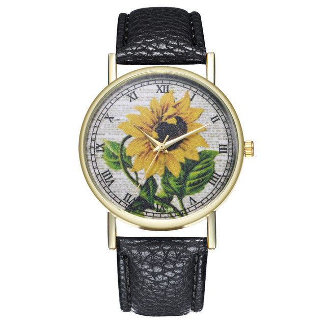 Simple Luxury PU Leather Watches Quartz Wrist Watches Sunflower Painting Women Ladies Couple Watch Clock Jewelry &Ff