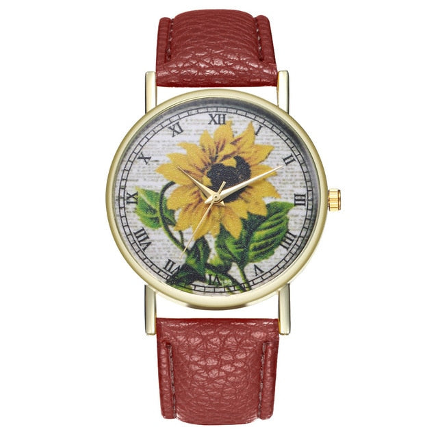 Simple Luxury PU Leather Watches Quartz Wrist Watches Sunflower Painting Women Ladies Couple Watch Clock Jewelry &Ff