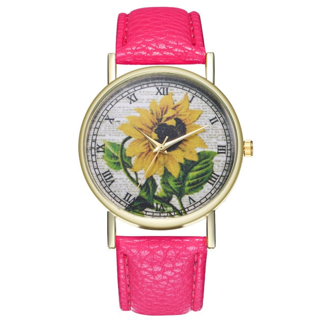 Simple Luxury PU Leather Watches Quartz Wrist Watches Sunflower Painting Women Ladies Couple Watch Clock Jewelry &Ff