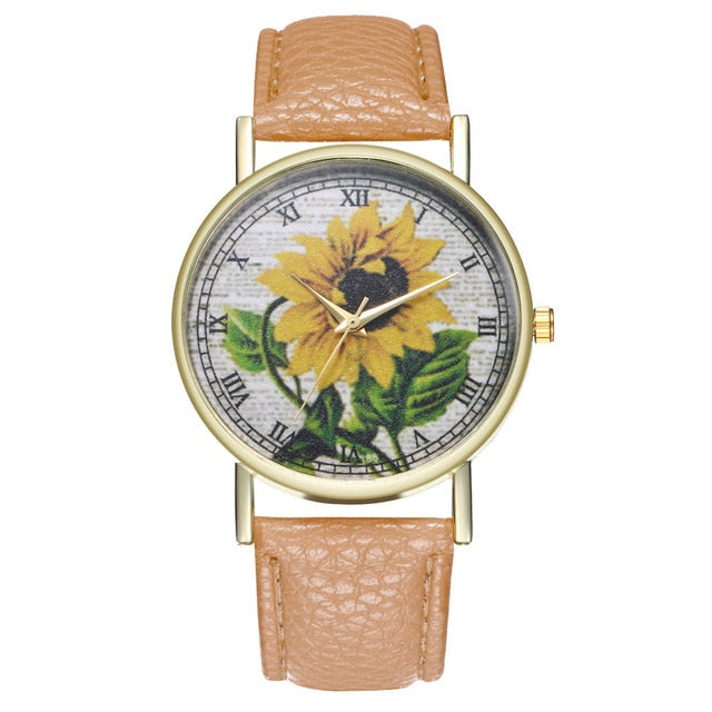 Simple Luxury PU Leather Watches Quartz Wrist Watches Sunflower Painting Women Ladies Couple Watch Clock Jewelry &Ff