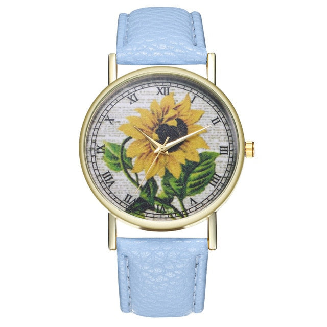 Simple Luxury PU Leather Watches Quartz Wrist Watches Sunflower Painting Women Ladies Couple Watch Clock Jewelry &Ff