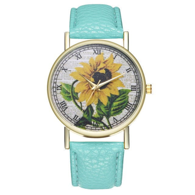 Simple Luxury PU Leather Watches Quartz Wrist Watches Sunflower Painting Women Ladies Couple Watch Clock Jewelry &Ff