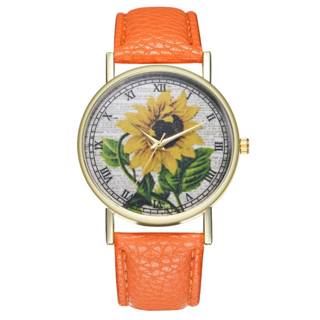 Simple Luxury PU Leather Watches Quartz Wrist Watches Sunflower Painting Women Ladies Couple Watch Clock Jewelry &Ff