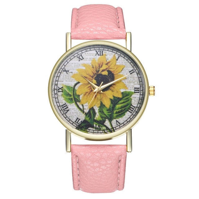 Simple Luxury PU Leather Watches Quartz Wrist Watches Sunflower Painting Women Ladies Couple Watch Clock Jewelry &Ff