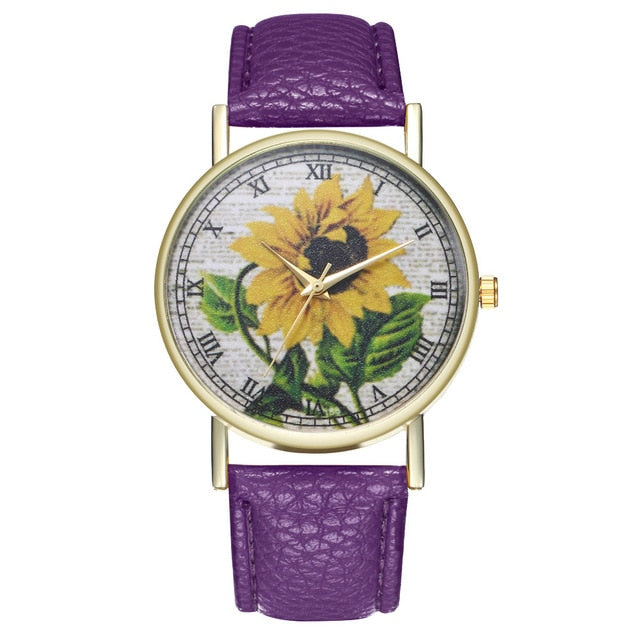 Simple Luxury PU Leather Watches Quartz Wrist Watches Sunflower Painting Women Ladies Couple Watch Clock Jewelry &Ff