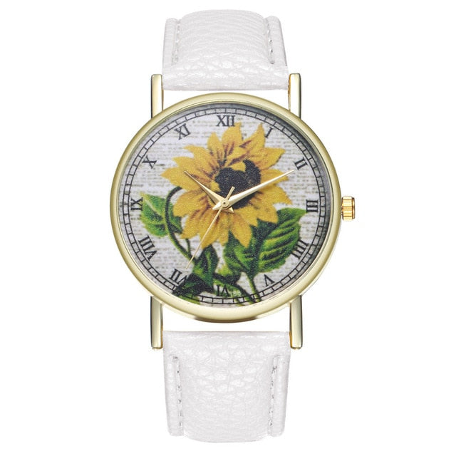 Simple Luxury PU Leather Watches Quartz Wrist Watches Sunflower Painting Women Ladies Couple Watch Clock Jewelry &Ff