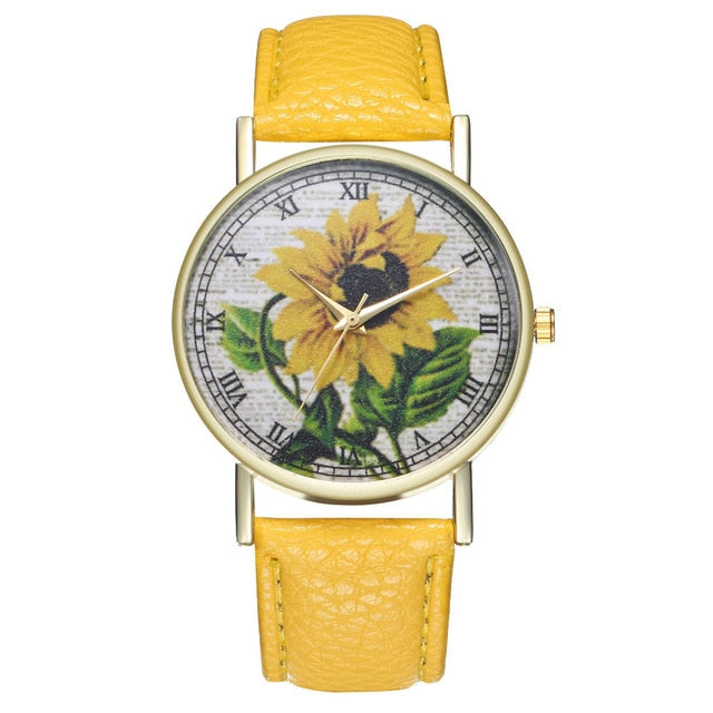 Simple Luxury PU Leather Watches Quartz Wrist Watches Sunflower Painting Women Ladies Couple Watch Clock Jewelry &Ff