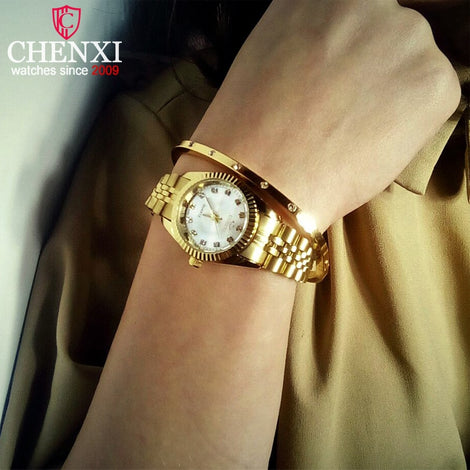 CHENXI Luxury Women Watches Ladies Fashion Quartz Watch For Women Golden Stainless Steel Wristwatches Casual Female Clock xfcs