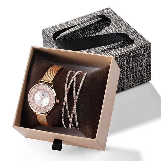 IBSO 2019 New Arrival Women Luxury Watch With Bracelet Fashion Female Crystal Bangle Watch Set Valentine's Day Gift For Ladies